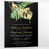 Gold Monstera Tropical Palm Black QR Code Weddensc Drieluik Uitnodiging (Binnenzijde eerst)