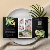Gold Monstera Tropical Palm Black QR Code Weddensc Drieluik Uitnodiging