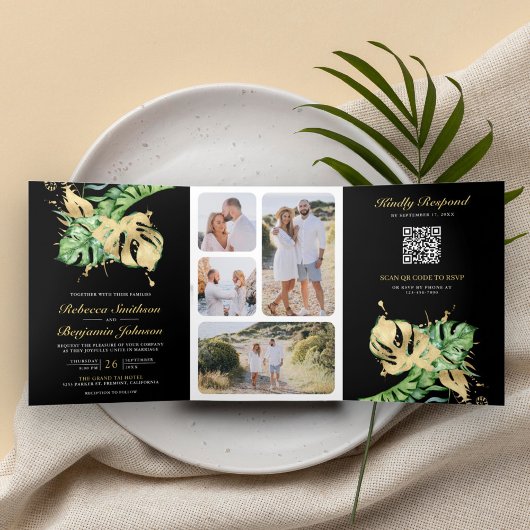 Gold Monstera Tropical Palm Black QR Code Weddensc Drieluik Uitnodiging