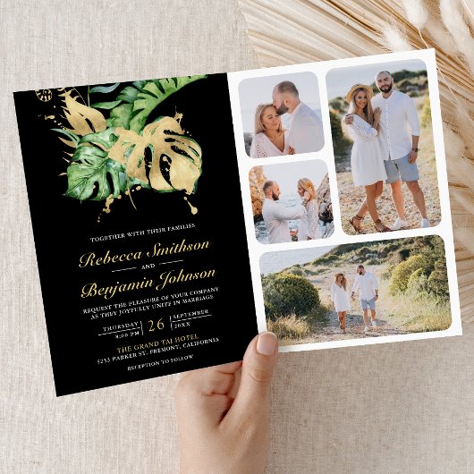 Gold Monstera Tropical Palm Black QR Code Wedding