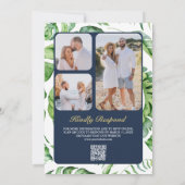 Gold Monstera Tropical Palm QR Code Navy Weddensch Kaart (Achterkant)