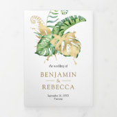 Gold Monstera Tropical Palm QR Code Weddenschap Drieluik Uitnodiging (Cover)
