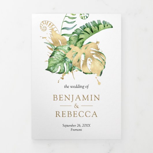 Gold Monstera Tropical Palm QR Code Weddenschap Drieluik Uitnodiging (Cover)