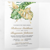 Gold Monstera Tropical Palm QR Code Weddenschap Drieluik Uitnodiging (Binnenzijde eerst)