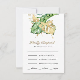 Gold Monstera Tropical Palm Wedding RSVP Kaartje