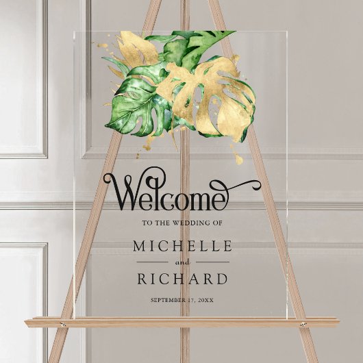 Gold Monstera Tropical Palm Wedding Welcome Acryl Bord