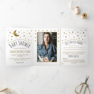 Gold Moon and Stars, Baby shower Suite Drieluik Uitnodiging