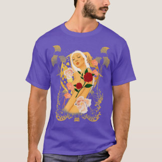Gold Moon Goddess Koi Fish Botanical Floral Red T-shirt