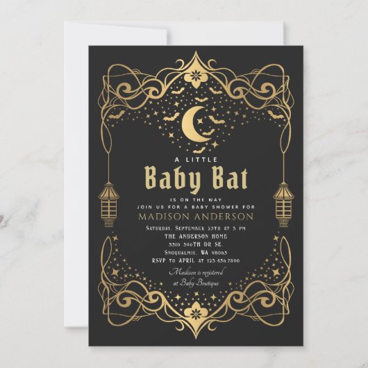 Gold Moon Gothic Baby Bat Lantern Baby shower Kaart (Voorkant)
