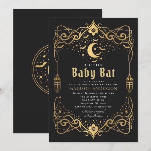 Gold Moon Gothic Baby Bat Lantern Baby shower Kaart (Voorkant / Achterkant)