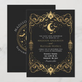 Gold Moon Gothic Bats Lantern Wedding Kaart (Voorkant / Achterkant)