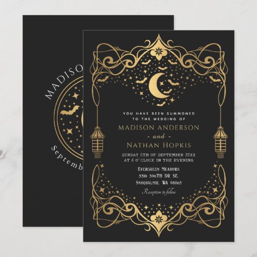 Gold Moon Gothic Bats Lantern Wedding Kaart (Voorkant / Achterkant)