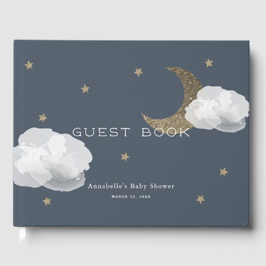Gold Moon, Stars & Clouds Navy Blue Baby shower Gastenboek (Voorkant)
