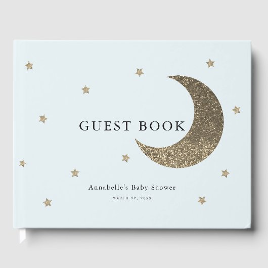 Gold Moon & Stars Lichtblauw Baby shower Gastenboek (Voorkant)