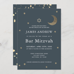Gold Moon & Stars Navy Blue Bar Mitzvah Kaart
