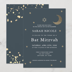 Gold Moon & Stars Navy Blue Bat Mitzvah Kaart