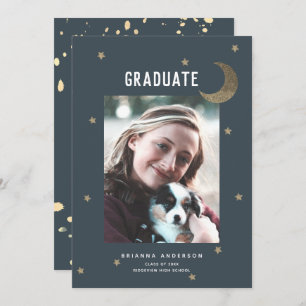 Gold Moon & Stars Navy Blue Graduparty Kaart