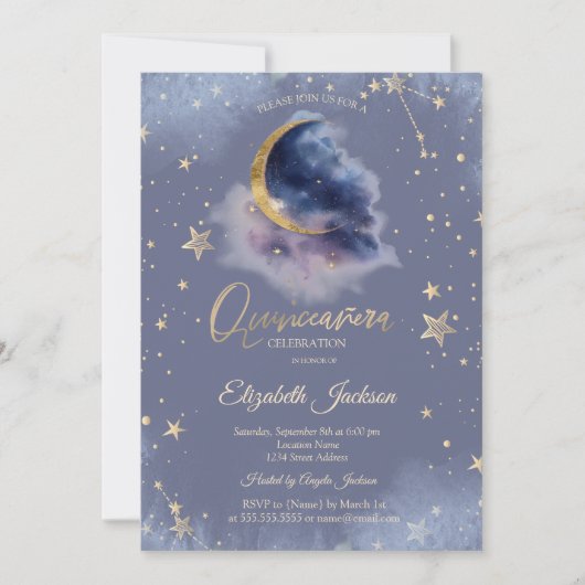 Gold Moon Stars Starry Night Quinceanera Kaart (Voorkant)