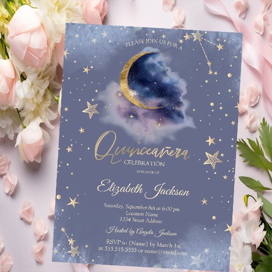 Gold Moon Stars Starry Night Quinceanera Kaart