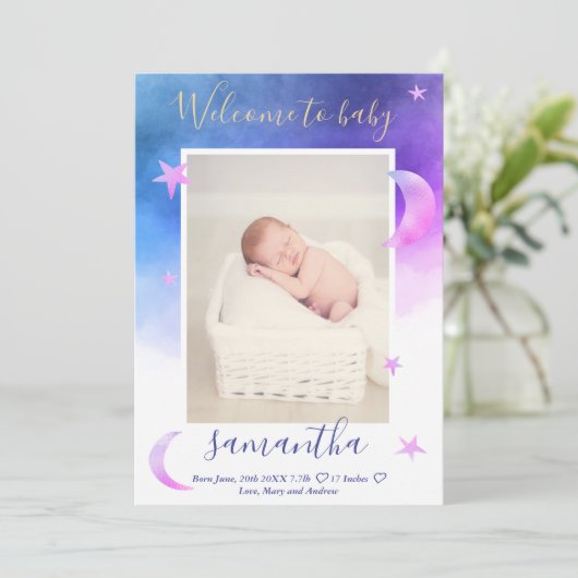 Gold moon sterren roze waterverf foto baby geboort aankondiging (Staand voorkant)