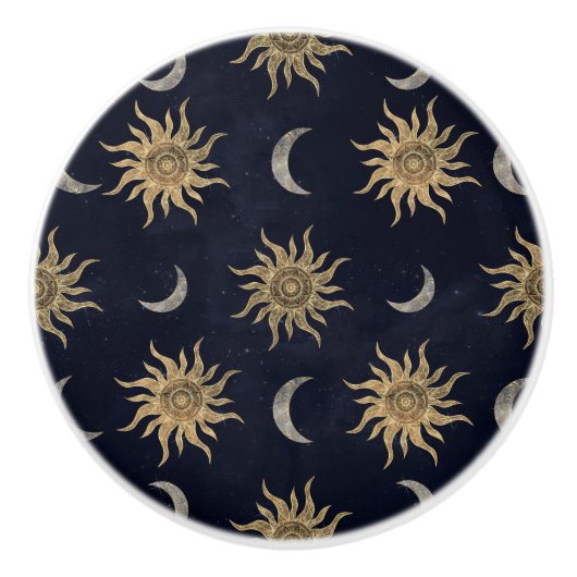 Gold Moon Sun Mandala Blue Night Sky Patroon Keramische Knop (Voorkant)