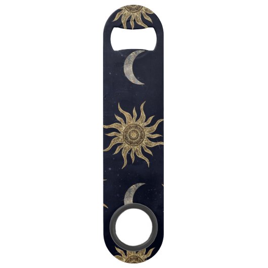 Gold Moon Sun Mandala Blue Night Sky Patroon Speed Flessenopener (Voorkant)
