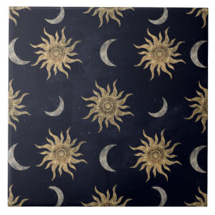 Gold Moon Sun Mandala Blue Night Sky Patroon Tegeltje
