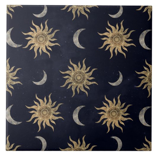 Gold Moon Sun Mandala Blue Night Sky Patroon Tegeltje (Voorkant)