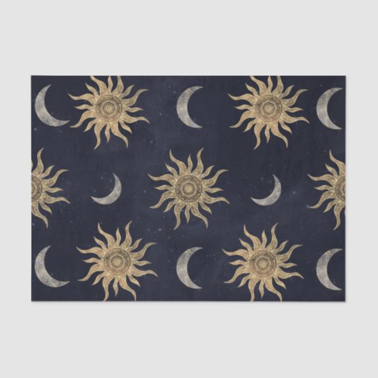 Gold Moon Sun Mandala Blue Night Sky Patroon Tissuepapier (Voorkant)