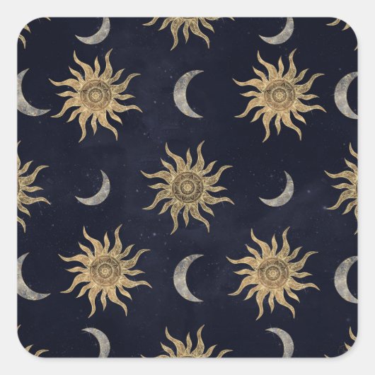 Gold Moon Sun Mandala Blue Night Sky Patroon Vierkante Sticker (Voorkant)