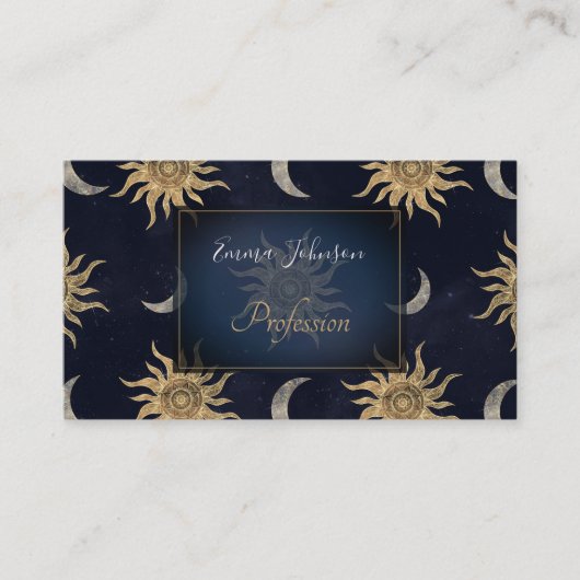 Gold Moon Sun Mandala Blue Night Sky Patroon Visitekaartje (Voorkant)