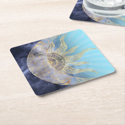 Gold Moon Sun Mandala Celestial Design Kartonnen Onderzetters (Schuin)