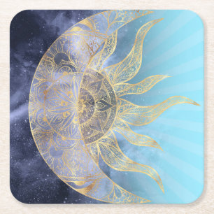 Gold Moon Sun Mandala Celestial Design Kartonnen Onderzetters