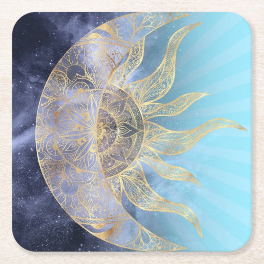 Gold Moon Sun Mandala Celestial Design Kartonnen Onderzetters (Voorkant)