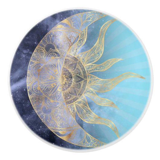 Gold Moon Sun Mandala Celestial Design Keramische Knop (Voorkant)