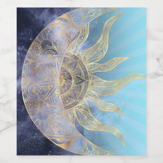 Gold Moon Sun Mandala Celestial Design Wijn Etiket (Enkel label)