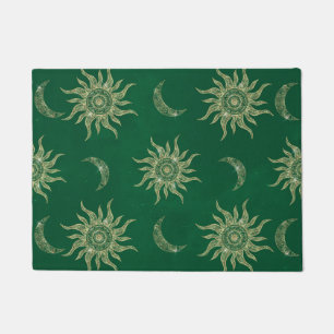 Gold Moon Sun Mandala Green Pattern Deurmat