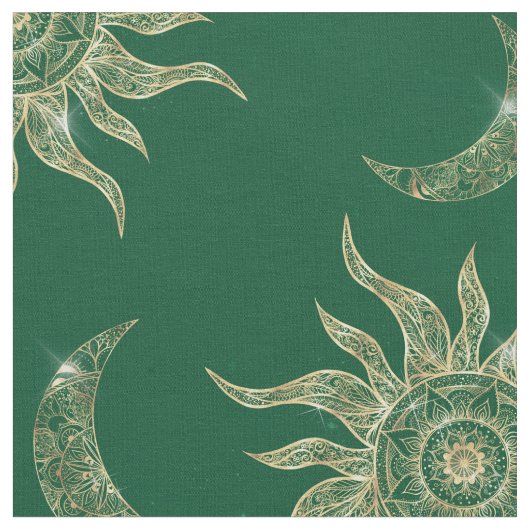 Gold Moon Sun Mandala Green Pattern Stof (Close Up)