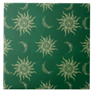 Gold Moon Sun Mandala Green Pattern Tegeltje