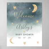 Gold moon waterverf blauw baby shower welkom poster (Voorkant)
