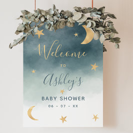 Gold moon waterverf blauw baby shower welkom poster