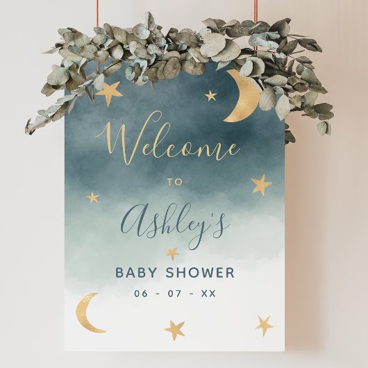 Gold moon waterverf blauw baby shower welkom poster