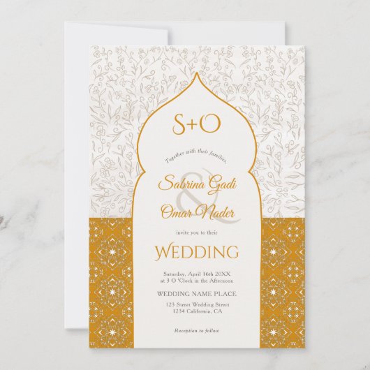 Gold Moroccan floral initialen 3 fotobruiloft Kaart (Voorkant)