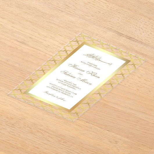 Gold Moroccan Quatrefoil Muslim Wedding Acryl Uitnodigingen (Laagn)