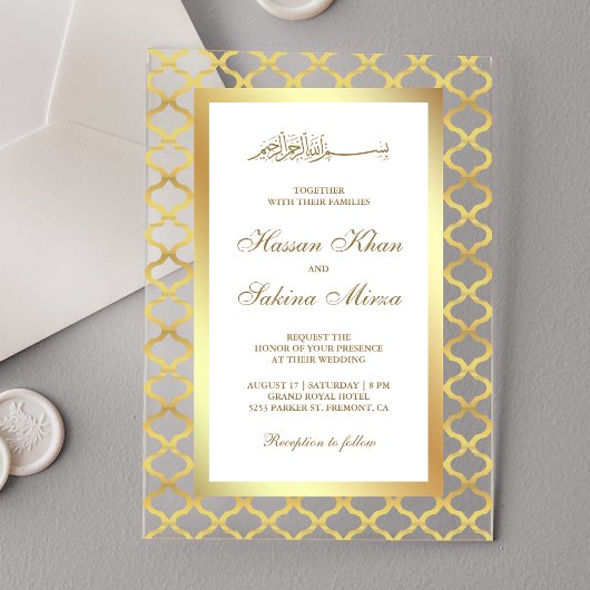 Gold Moroccan Quatrefoil Muslim Wedding Acryl Uitnodigingen