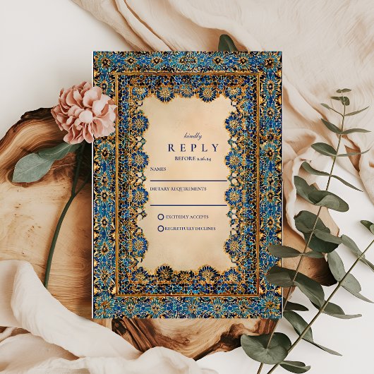 Gold Mosaic Islamic Wedding RSVP Kaartje