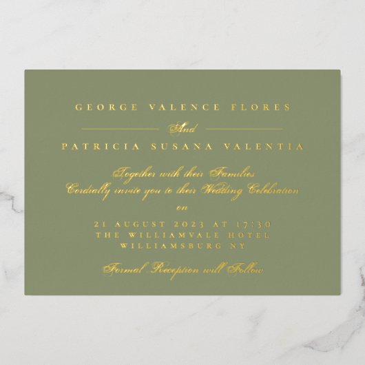 Gold Moss Green Formele Calligrafie Elegant Folie Uitnodiging (Voorkant)