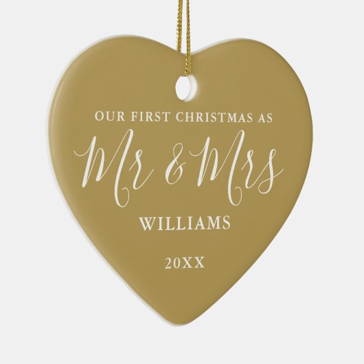 Gold Mr. en Mrs First Kerstmis Signature Script Keramisch Ornament (Rechts)