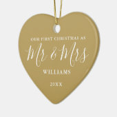 Gold Mr. en Mrs First Kerstmis Signature Script Keramisch Ornament (Links)