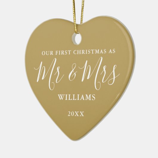 Gold Mr. en Mrs First Kerstmis Signature Script Keramisch Ornament (Links)
